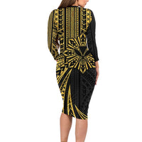 Hawaii And Philippines Family Matching Long Sleeve Bodycon Dress and Hawaiian Shirt Kanaka Maoli With Tribal Sun Together Gold LT05 - Polynesian Pride