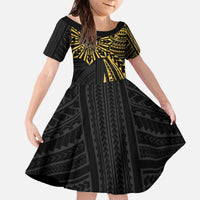Hawaii And Philippines Family Matching Off The Shoulder Long Sleeve Dress and Hawaiian Shirt Kanaka Maoli With Tribal Sun Together Gold LT05 Daughter's Dress Gold - Polynesian Pride
