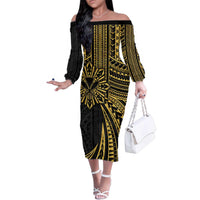 Hawaii And Philippines Family Matching Off The Shoulder Long Sleeve Dress and Hawaiian Shirt Kanaka Maoli With Tribal Sun Together Gold LT05 Mom's Dress Gold - Polynesian Pride
