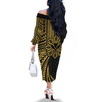 Hawaii And Philippines Family Matching Off The Shoulder Long Sleeve Dress and Hawaiian Shirt Kanaka Maoli With Tribal Sun Together Gold LT05 - Polynesian Pride