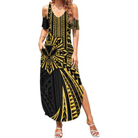 Hawaii And Philippines Family Matching Summer Maxi Dress and Hawaiian Shirt Kanaka Maoli With Tribal Sun Together Gold LT05 Mom's Dress Gold - Polynesian Pride