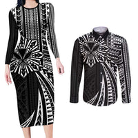 Hawaii And Philippines Couples Matching Long Sleeve Bodycon Dress and Long Sleeve Button Shirt Kanaka Maoli With Tribal Sun Together Black LT05 Black - Polynesian Pride