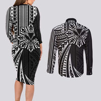 Hawaii And Philippines Couples Matching Long Sleeve Bodycon Dress and Long Sleeve Button Shirt Kanaka Maoli With Tribal Sun Together Black LT05 - Polynesian Pride