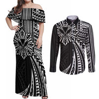 Hawaii And Philippines Couples Matching Off Shoulder Maxi Dress and Long Sleeve Button Shirt Kanaka Maoli With Tribal Sun Together Black LT05 Black - Polynesian Pride