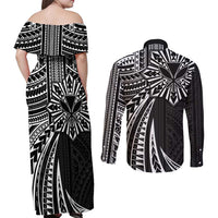 Hawaii And Philippines Couples Matching Off Shoulder Maxi Dress and Long Sleeve Button Shirt Kanaka Maoli With Tribal Sun Together Black LT05 - Polynesian Pride