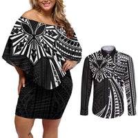 Hawaii And Philippines Couples Matching Off Shoulder Short Dress and Long Sleeve Button Shirt Kanaka Maoli With Tribal Sun Together Black LT05 Black - Polynesian Pride