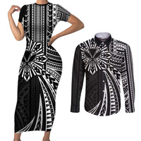 Hawaii And Philippines Couples Matching Short Sleeve Bodycon Dress and Long Sleeve Button Shirt Kanaka Maoli With Tribal Sun Together Black LT05 Black - Polynesian Pride