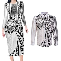 Hawaii And Philippines Couples Matching Long Sleeve Bodycon Dress and Long Sleeve Button Shirt Kanaka Maoli With Tribal Sun Together White LT05 White - Polynesian Pride