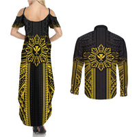 Hawaii And Philippines Together Couples Matching Summer Maxi Dress and Long Sleeve Button Shirt Polynesian Pattern With Filipino Barong Gold
