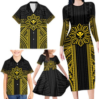 Hawaii And Philippines Together Family Matching Long Sleeve Bodycon Dress and Hawaiian Shirt Polynesian Pattern With Filipino Barong Gold LT05 - Polynesian Pride
