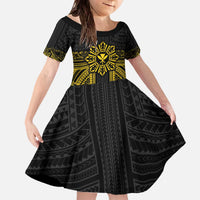 Hawaii And Philippines Together Family Matching Off The Shoulder Long Sleeve Dress and Hawaiian Shirt Polynesian Pattern With Filipino Barong Gold LT05 Daughter's Dress Gold - Polynesian Pride