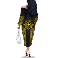 Hawaii And Philippines Together Family Matching Off The Shoulder Long Sleeve Dress and Hawaiian Shirt Polynesian Pattern With Filipino Barong Gold LT05 - Polynesian Pride