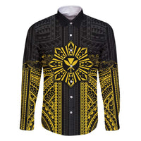 Hawaii And Philippines Together Family Matching Off Shoulder Short Dress and Hawaiian Shirt Polynesian Pattern With Filipino Barong Gold LT05 Dad's Shirt - Long Sleeve Gold - Polynesian Pride