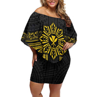 Hawaii And Philippines Together Family Matching Off Shoulder Short Dress and Hawaiian Shirt Polynesian Pattern With Filipino Barong Gold LT05 Mom's Dress Gold - Polynesian Pride