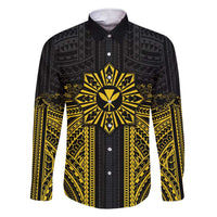 Hawaii And Philippines Together Family Matching Short Sleeve Bodycon Dress and Hawaiian Shirt Polynesian Pattern With Filipino Barong Gold