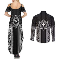 Hawaii And Philippines Together Couples Matching Summer Maxi Dress and Long Sleeve Button Shirt Polynesian Pattern With Filipino Barong Black