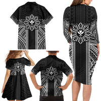 Hawaii And Philippines Together Family Matching Long Sleeve Bodycon Dress and Hawaiian Shirt Polynesian Pattern With Filipino Barong Black LT05 - Polynesian Pride