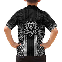 Hawaii And Philippines Together Family Matching Short Sleeve Bodycon Dress and Hawaiian Shirt Polynesian Pattern With Filipino Barong Black