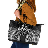 Hawaii And Philippines Together Leather Tote Bag Polynesian Pattern With Filipino Barong Black LT05 Black - Polynesian Pride