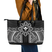 Hawaii And Philippines Together Leather Tote Bag Polynesian Pattern With Filipino Barong Black LT05 - Polynesian Pride