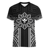 Hawaii And Philippines Together Women V-Neck T-Shirt Polynesian Pattern With Filipino Barong Black