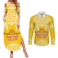Personalised Anastasis College Couples Matching Summer Maxi Dress and Long Sleeve Button Shirt Tonga Ngatu Pattern - Polynesian Pride