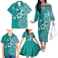Cook Islands Family Matching Off The Shoulder Long Sleeve Dress and Hawaiian Shirt Teal Hibiscus And Stars LT05 - Polynesian Pride