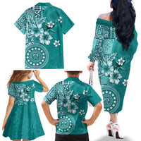 Cook Islands Family Matching Off The Shoulder Long Sleeve Dress and Hawaiian Shirt Teal Hibiscus And Stars LT05 - Polynesian Pride