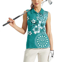 Cook Islands Women Sleeveless Polo Shirt Teal Hibiscus And Stars