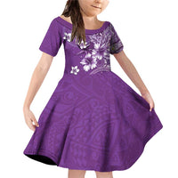 Cook Islands Family Matching Off Shoulder Short Dress and Hawaiian Shirt Purple Hibiscus And Stars LT05 Daughter's Dress Purple - Polynesian Pride