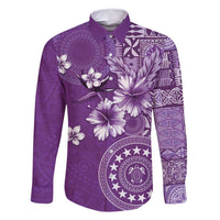 Cook Islands Family Matching Off Shoulder Short Dress and Hawaiian Shirt Purple Hibiscus And Stars LT05 Dad's Shirt - Long Sleeve Purple - Polynesian Pride