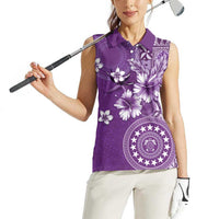 Cook Islands Women Sleeveless Polo Shirt Purple Hibiscus And Stars