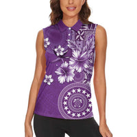 Cook Islands Women Sleeveless Polo Shirt Purple Hibiscus And Stars