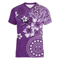 Cook Islands Women V-Neck T-Shirt Purple Hibiscus And Stars