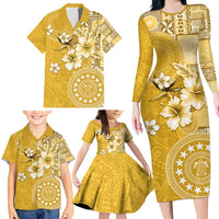 Cook Islands Family Matching Long Sleeve Bodycon Dress and Hawaiian Shirt Yellow Hibiscus And Stars LT05 - Polynesian Pride