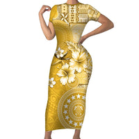 Cook Islands Short Sleeve Bodycon Dress Yellow Hibiscus And Stars LT05 Long Dress Yellow - Polynesian Pride
