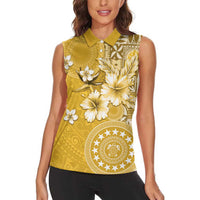 Cook Islands Women Sleeveless Polo Shirt Yellow Hibiscus And Stars