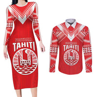 Custom Tahiti Football Couples Matching Long Sleeve Bodycon Dress and Long Sleeve Button Shirt Coat Of Arms Polynesian Tribal Pattern LT05 Red - Polynesian Pride