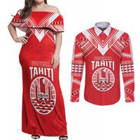 Custom Tahiti Football Couples Matching Off Shoulder Maxi Dress and Long Sleeve Button Shirt Coat Of Arms Polynesian Tribal Pattern LT05 Red - Polynesian Pride