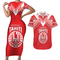 Custom Tahiti Football Couples Matching Short Sleeve Bodycon Dress and Hawaiian Shirt Coat Of Arms Polynesian Tribal Pattern LT05 Red - Polynesian Pride