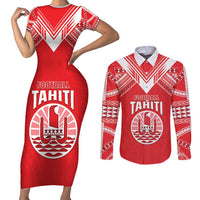 Custom Tahiti Football Couples Matching Short Sleeve Bodycon Dress and Long Sleeve Button Shirt Coat Of Arms Polynesian Tribal Pattern LT05 Red - Polynesian Pride