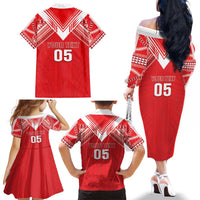 Custom Tahiti Football Family Matching Off The Shoulder Long Sleeve Dress and Hawaiian Shirt Coat Of Arms Polynesian Tribal Pattern LT05 - Polynesian Pride