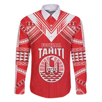 Custom Tahiti Football Family Matching Off The Shoulder Long Sleeve Dress and Hawaiian Shirt Coat Of Arms Polynesian Tribal Pattern LT05 Dad's Shirt - Long Sleeve Red - Polynesian Pride