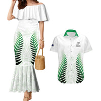 Custom New Zealand Fern Football Couples Matching Mermaid Dress and Hawaiian Shirt Simple Style LT05 White - Polynesian Pride