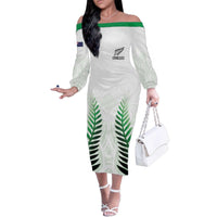 Custom New Zealand Fern Football Family Matching Off The Shoulder Long Sleeve Dress and Hawaiian Shirt Simple Style LT05 Mom's Dress White - Polynesian Pride
