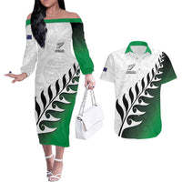 Custom New Zealand Football Couples Matching Off The Shoulder Long Sleeve Dress and Hawaiian Shirt Go Aotearoa LT05 Green - Polynesian Pride