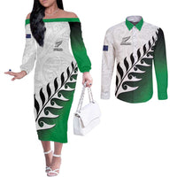 Custom New Zealand Football Couples Matching Off The Shoulder Long Sleeve Dress and Long Sleeve Button Shirt Go Aotearoa LT05 Green - Polynesian Pride