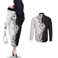 Hawaii Hibiscus Flowers Couples Matching Off The Shoulder Long Sleeve Dress and Long Sleeve Button Shirt Grayscale Polynesian Pattern