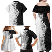 Hawaii Hibiscus Flowers Family Matching Off Shoulder Maxi Dress and Hawaiian Shirt Grayscale Polynesian Pattern LT05 - Polynesian Pride