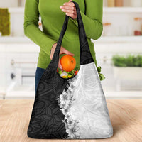 Hawaii Hibiscus Flowers Grocery Bag Grayscale Polynesian Pattern